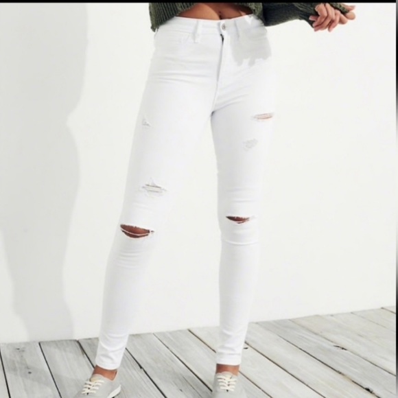 HOLLISTER High Rise Super Skinny Denim Jeans Distressed Ripped White High Waist - Picture 1 of 16